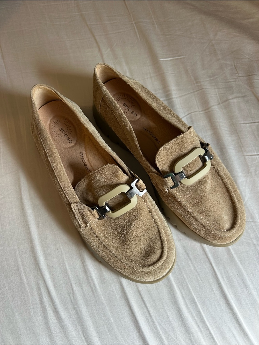 Brioso Beige Suede Loafers with Metal Bit | Size 7.5